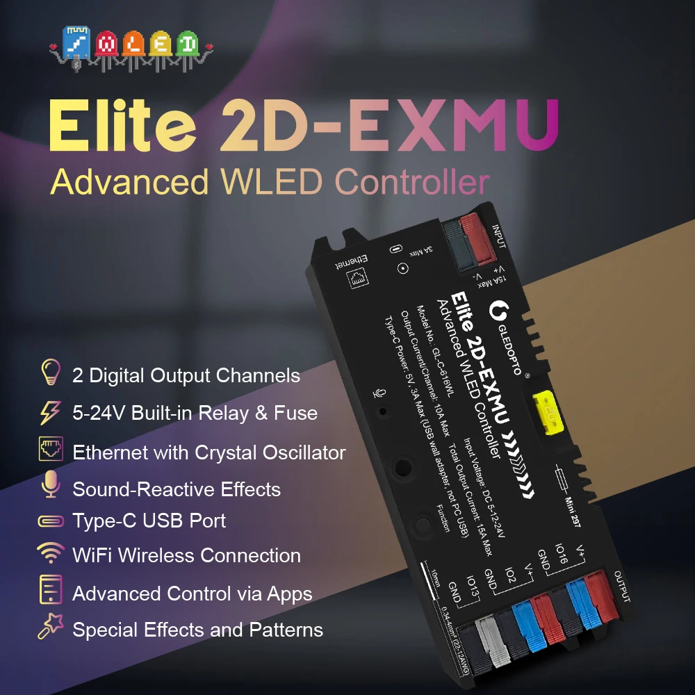 Contrôleur de bande lumineuse LED GLEDOPTO Elite ESP32 WLED avec Ethernet, synchronisation musicale, relais, fusible 20A pour WS2812B WS2815 SK6812 RGB IC