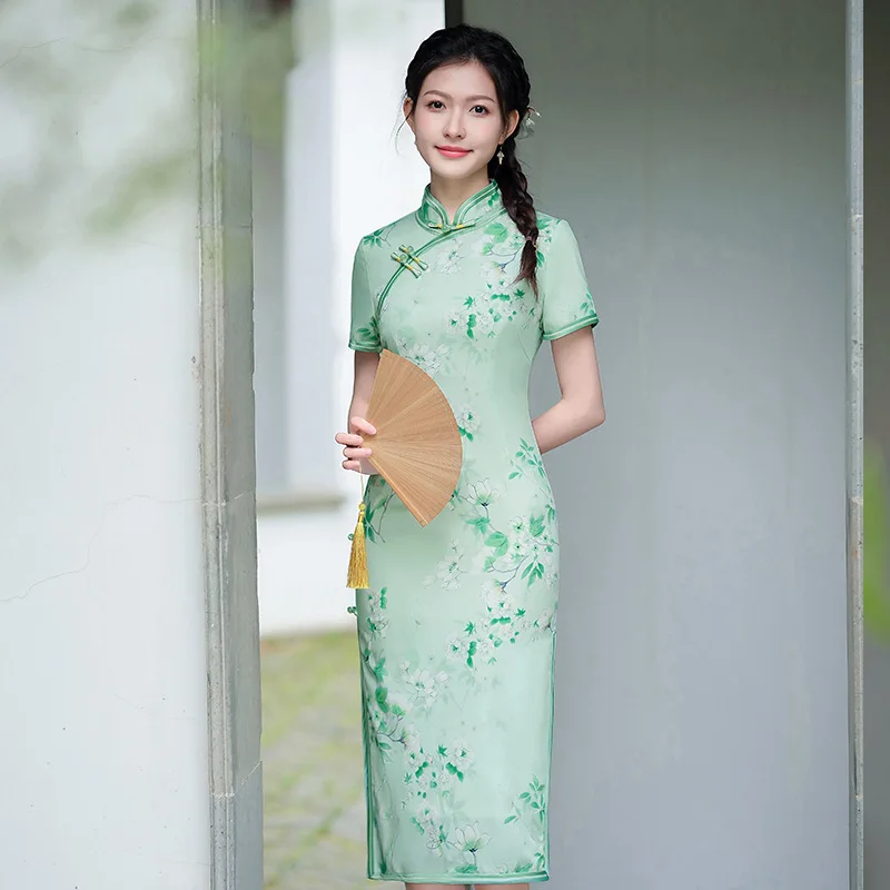 

Chinese Traditional Green Floral Print Costumes Sexy High Split Cheongsam Women Bodycon High Split Dress Vestidos