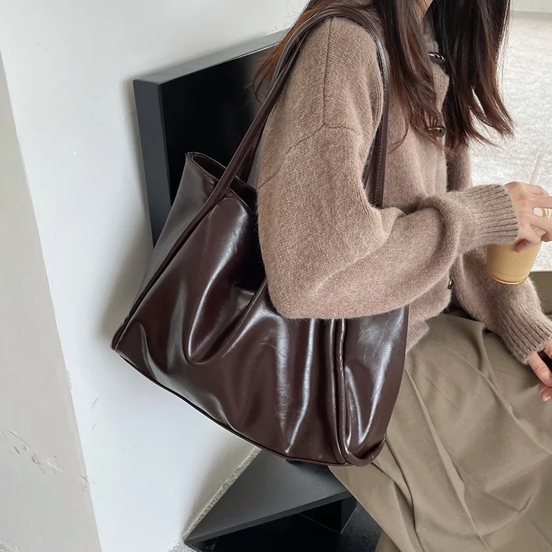 Women Tote Bag Retro Solid Color Underarm Pouch For Student Large Capacity Soft Pu Leather Shoulder Bag Fashion Portable Bucket