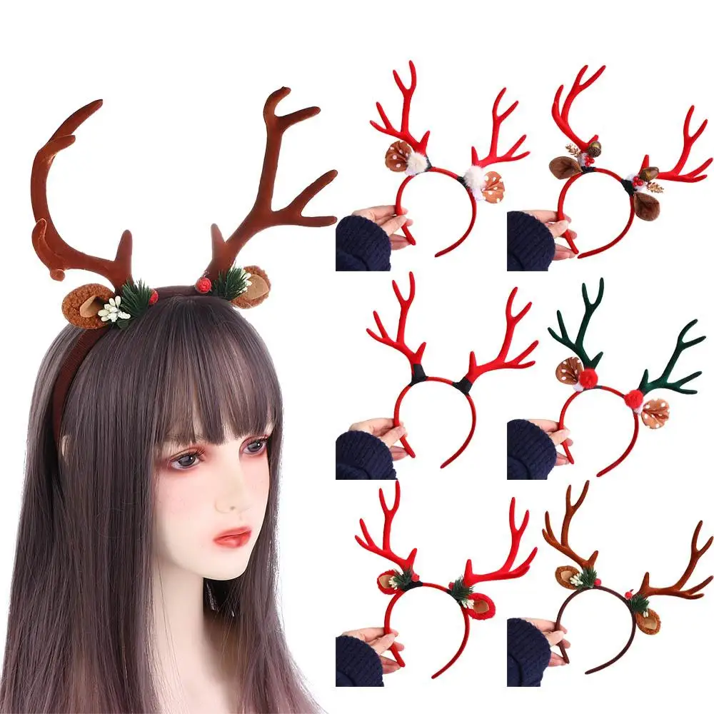 

Party Headwear Large Antlers Plush Ball Pine Cones Non-slip Korean Style Hairbands Women Hair Hoop Elk Christmas Headband