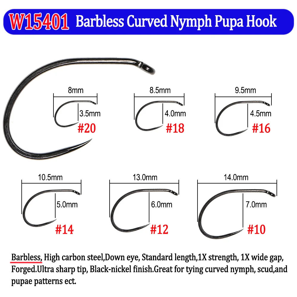 Maximumcatch 100pc Eye-Down Fish-Friendly Barbless Fly Tying Hook  10#12#14#16#18# Dry&Wet&Nymph&Shrimp Caddis Pupa Jig Hooks