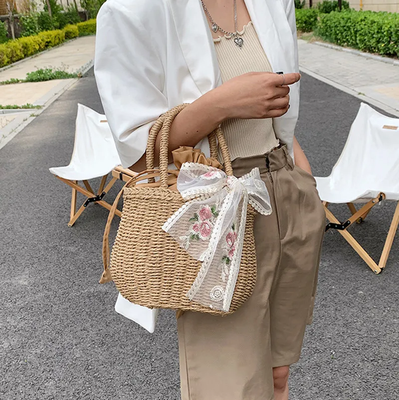Einfaches Design Stroh Handtaschen für Frauen handgemachte böhmische Stil Strand tasche Sommer Mode Pack Eimer Tasche Geldbörse Taschen – Detail 7