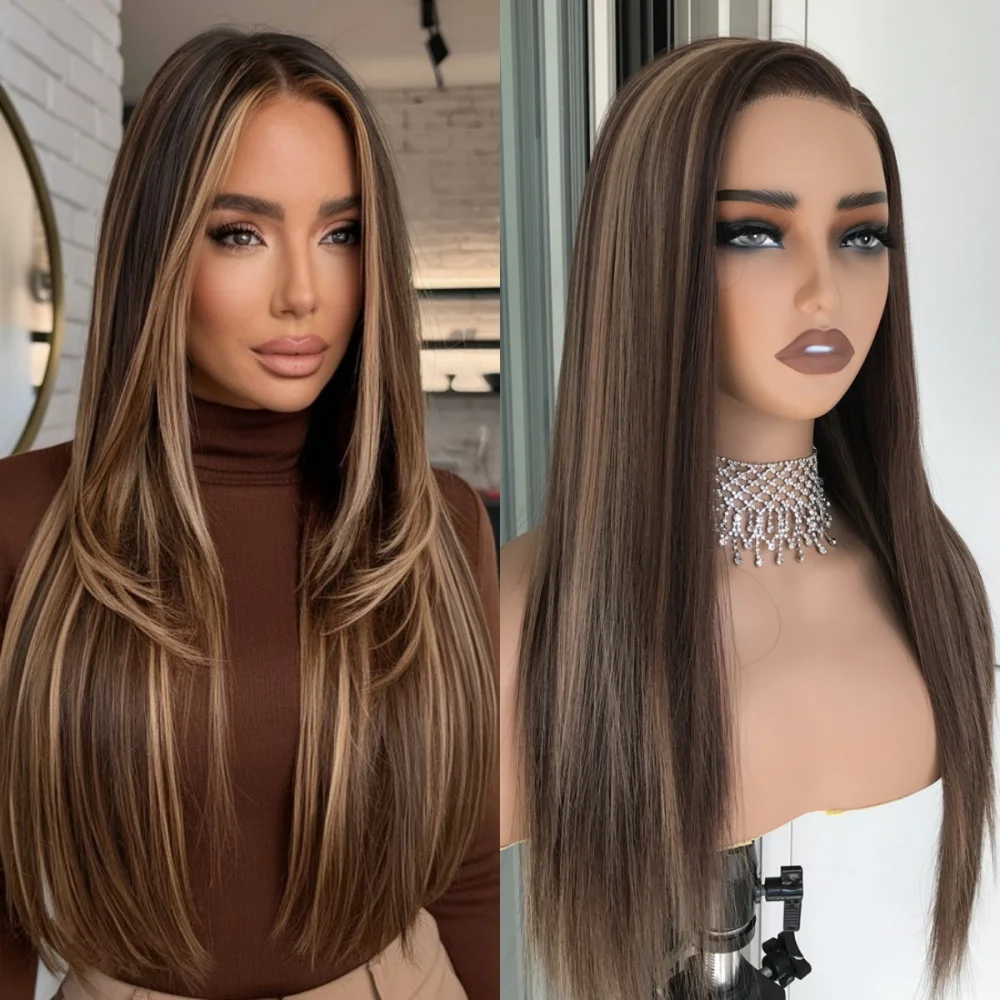 Brown Mix Blonde Highlight Long Straight Wear and Go Glueless Synthetic Lace Wigs Side Part 22inch Daily Use