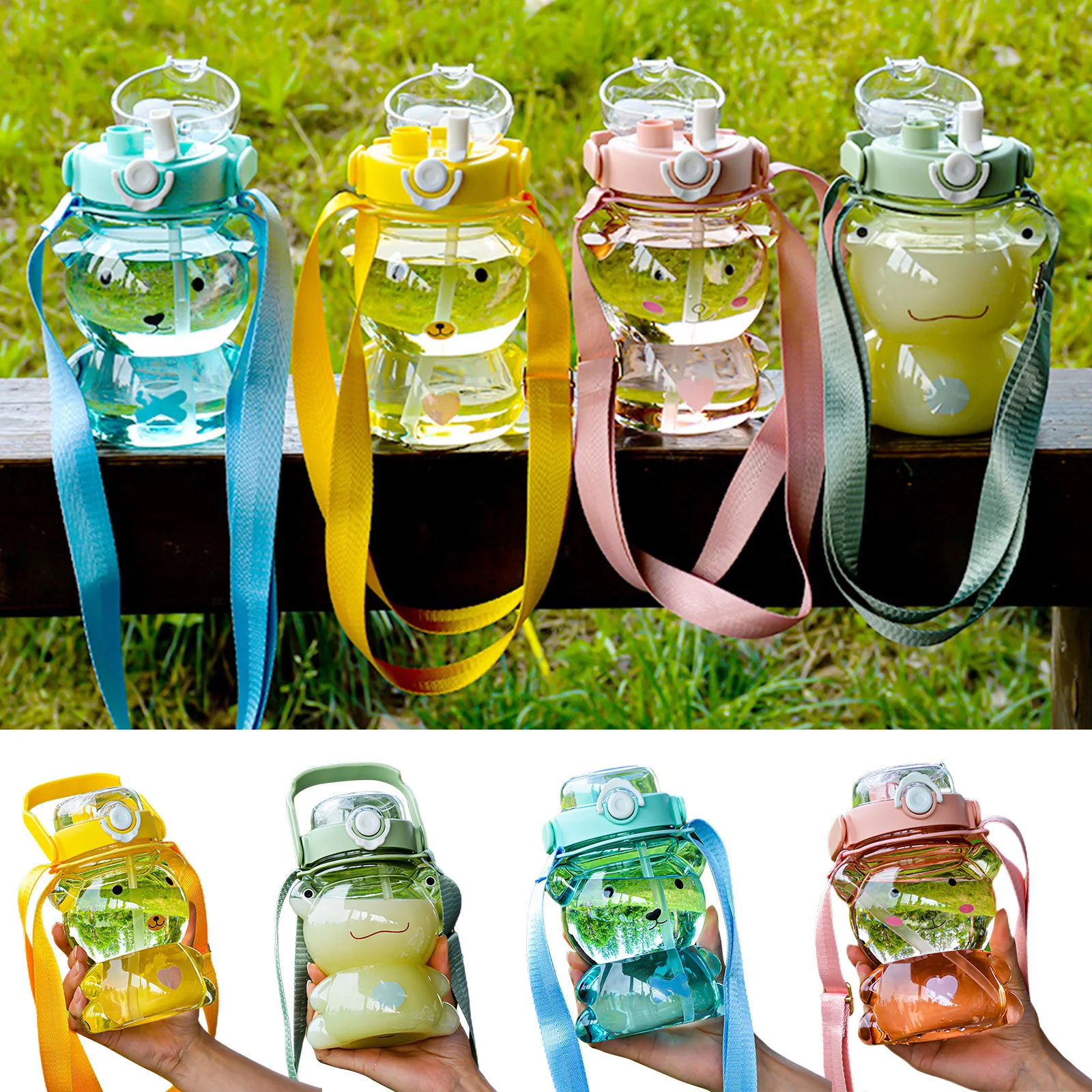 Water Bottle Cute Frog Straw Water Bottle Sport School Office Gym Lid Bottles for Girls Kids Kettle 850ml Large Capacity