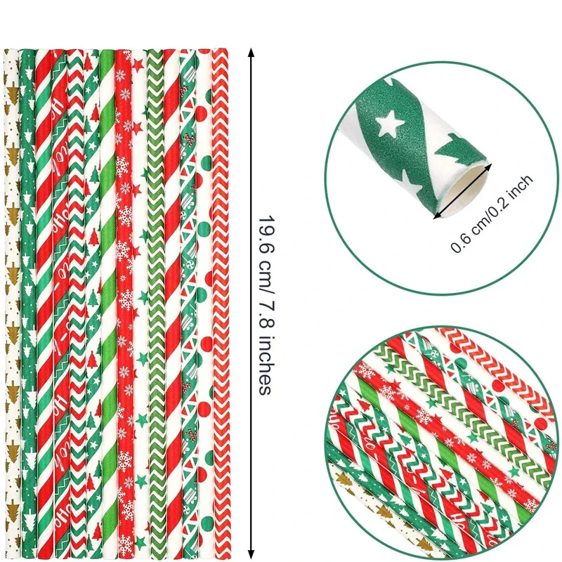 50 Pailles En Papier Biodégradables Pour Noël - Motifs Flocons/Sapins/Étoiles - Rouge/Vert - 19,7 Cm