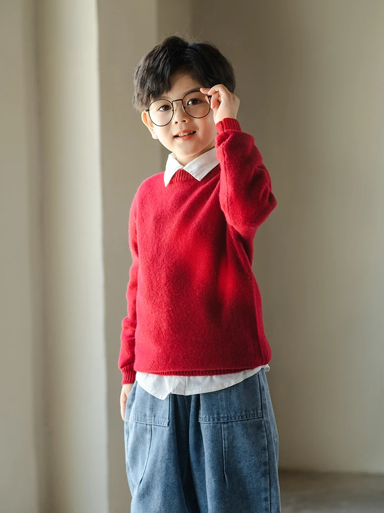 Children's Winter Basic Model Pure Wool Thick O-neck Pullover Boys Girls Kid 100% Au Merino Sweater Solid Teenager Tops Jumper 3