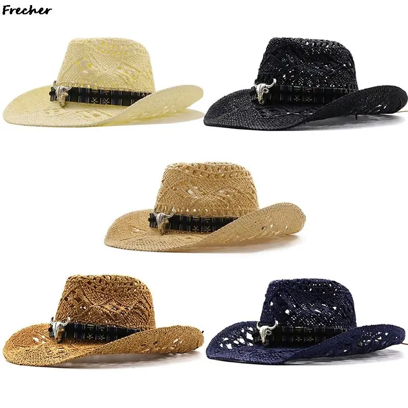 

Hollow Linen Jazz Hat Men Gentleman Straw Caps Retro Western Knight Hat Farm Grassland Panama Cowboy Chapeau Male Beach Sombrero