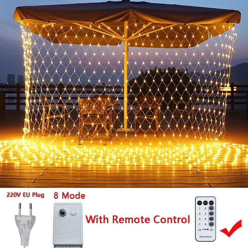 thumbnail image 1 of Guirnalda de luces LED de malla navideña de 3 m, 6 m, 12 m y 18 m, cortina de hadas para exteriores, resistente al agua, para fiestas, jardines, decoración de bodas, 1 of 5