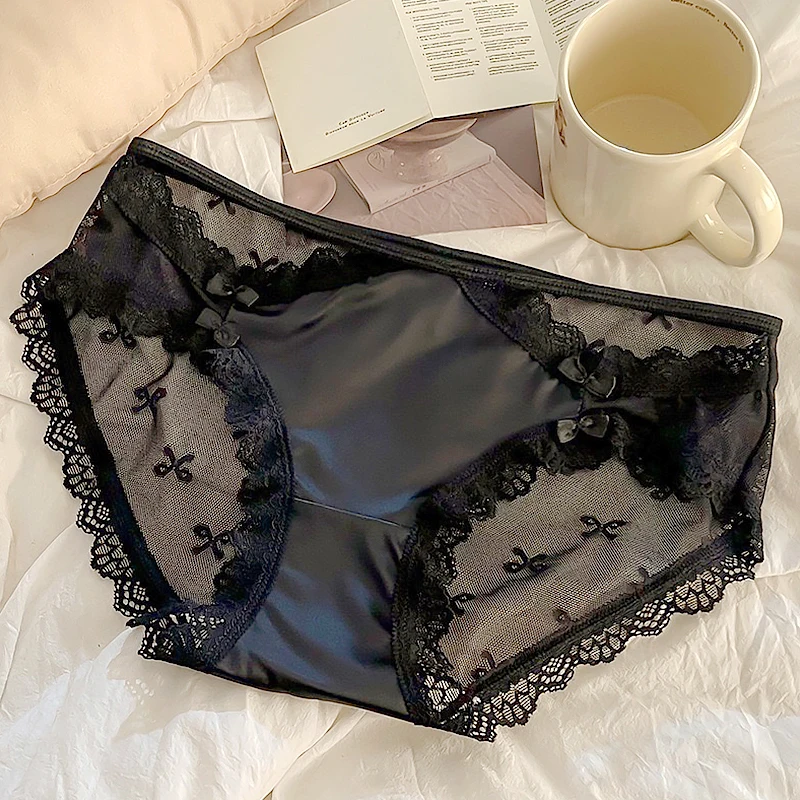 1pc Sweet Lace Trim Bow Briefs Women Satin Ultra-thin Mesh Panties Japanese Style Lolita Translucent Tulle Underwear Soft Smooth