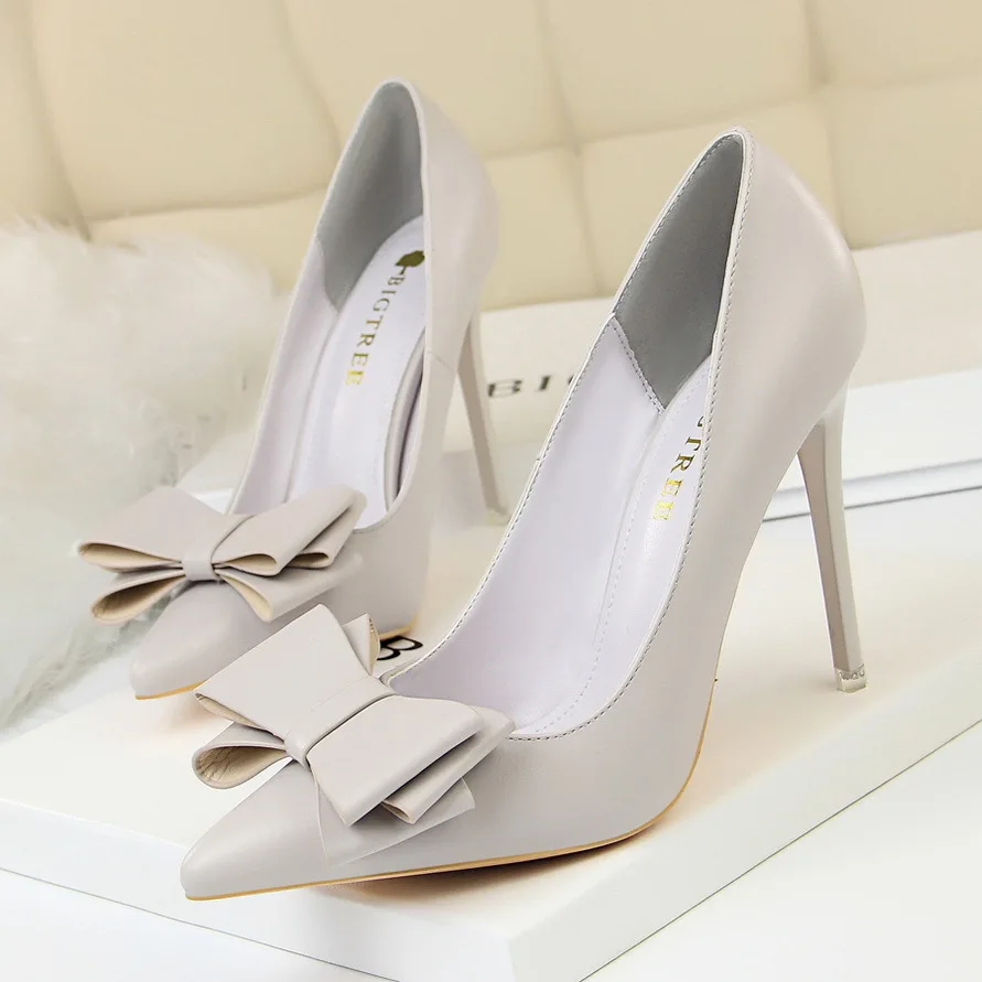 thumbnail image 1 of Zapatos de mujer 2024, moda coreana, tacones altos dulces, pajarita de muesca delgada, zapatos de tacón individuales para boda, zapatos de mujer, 1 of 4