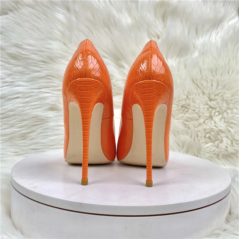 2023 Pointed Toe High Heel Pumps for Women Stilettos Snake Shoes Ladies Elegant Party High Heels 8cm 10cm 12cm Orange Footwear