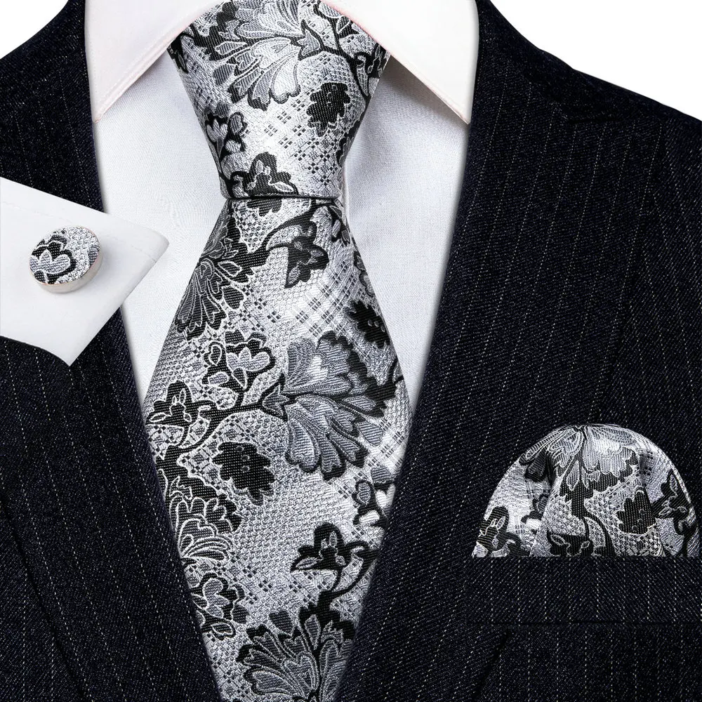NeckTie Handkerchief Cufflinks Set Business Groom Silk Gray Floral Men Tie Wedding Gift 3 Sc29e23bc71bb4b6b9b8a7a30bceedaedm