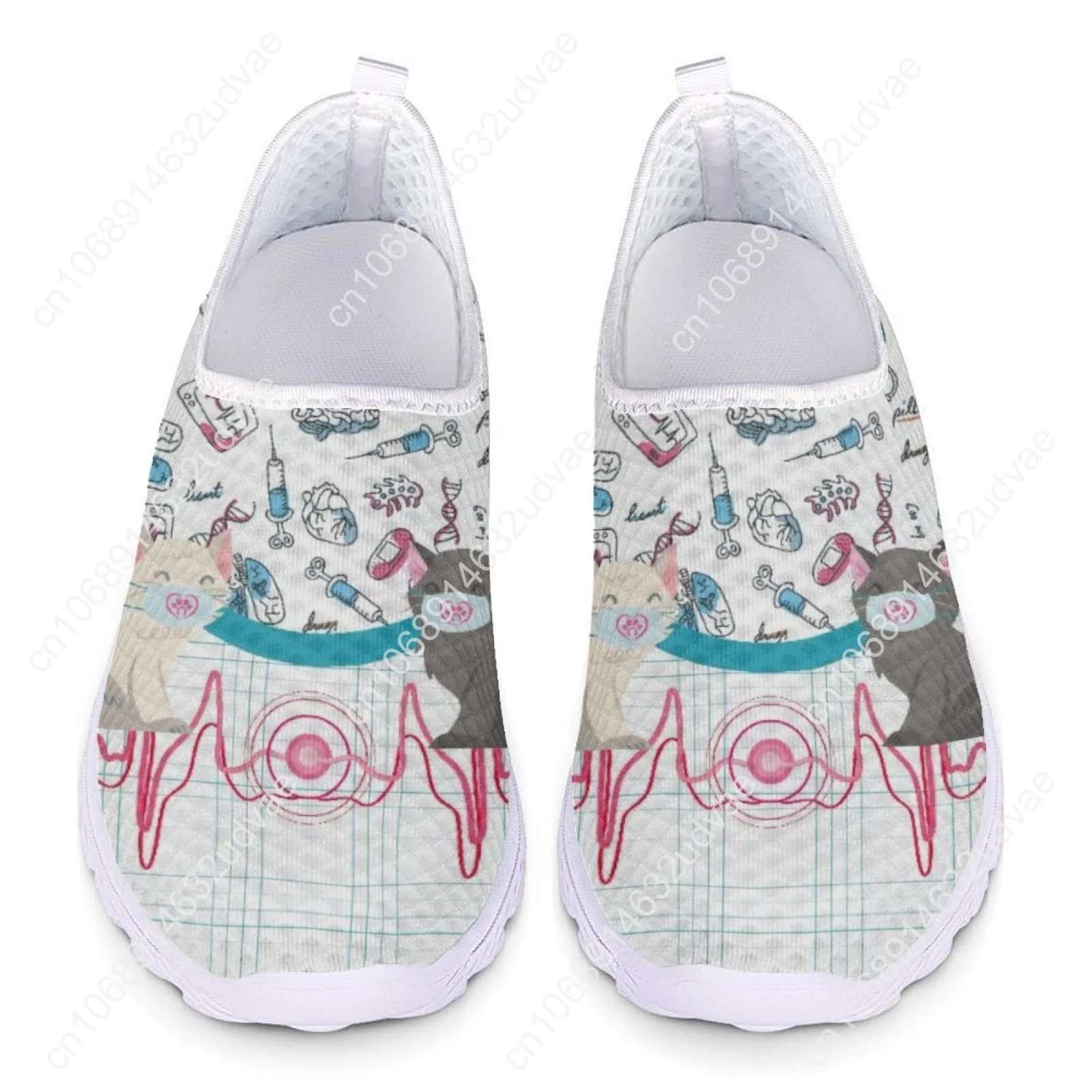 Cute Cat and Medical Tools Cartoon Female Flat Shoes ECG Cats With Mask Printed Women Mesh Sneakers Slip-on Loafers