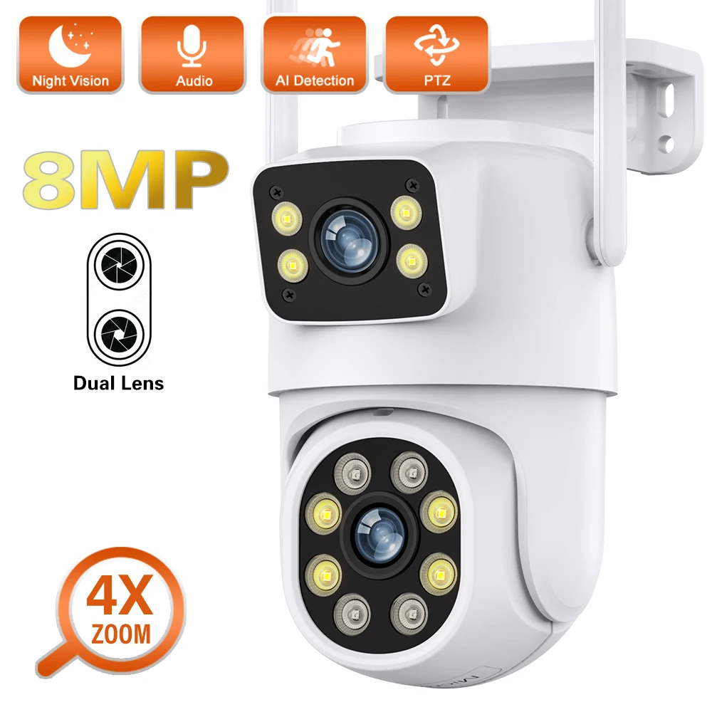 

8MP 4K Wifi Camera Dual Lens with Dual Screen Ai Human Detect Auto Tracking Wireless IP66 Outdoor Surveillance Camera iCSee App