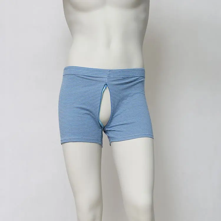 Men's Zipper Open Crotch Striped Thin Black Shorts Panties Casual Sleeping Shorts Bottoms Underwear