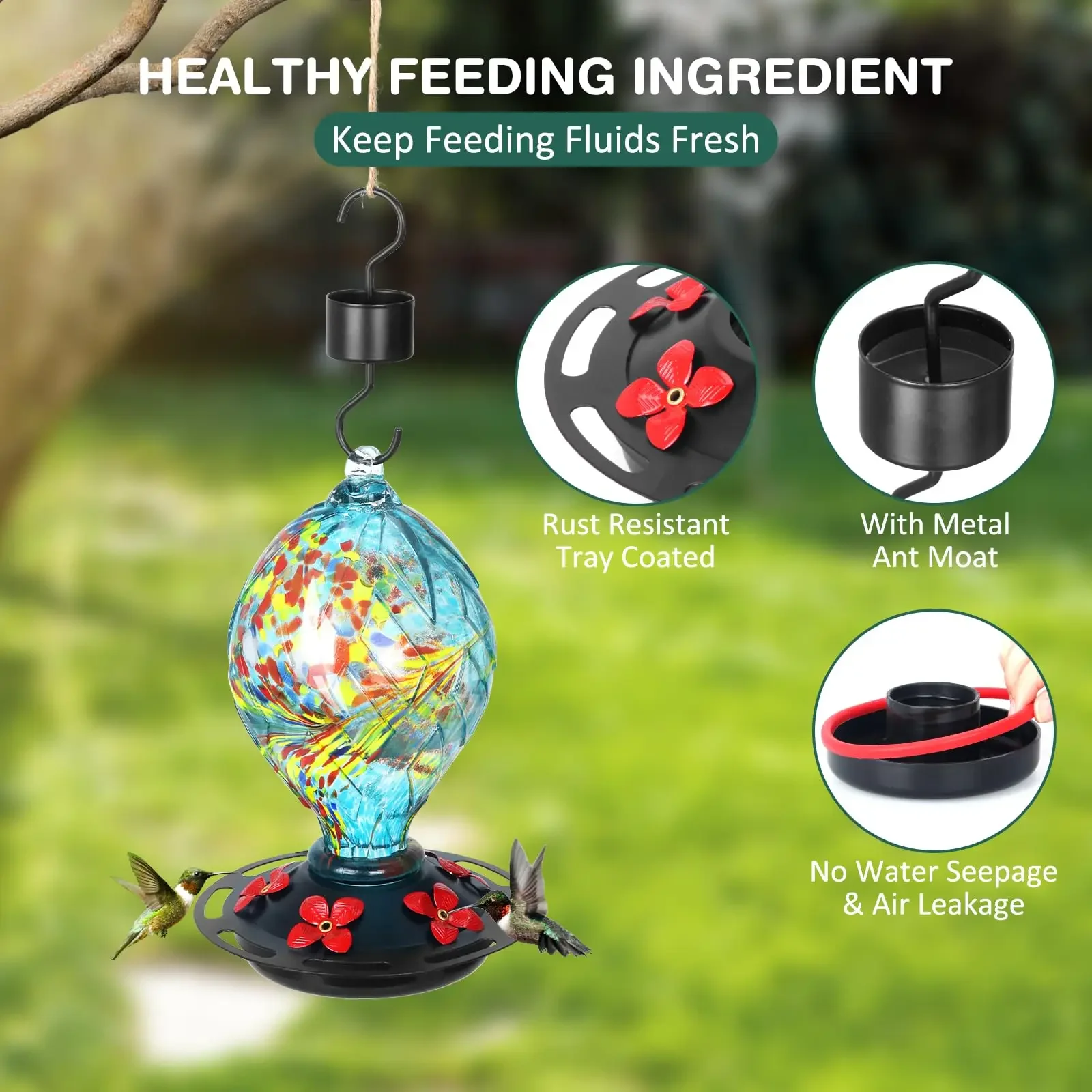 

Hand-Blown Glass Hummingbird Feeders 42 OZ Capacity with Ant and Bee Proof Hummingbird Feeder Hanging Hummingbird Feeder Outdoor