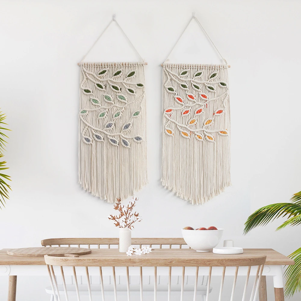 

Leaf Pattern Macrame Wall Hanging Tapestry with Wooden Stick Bohemian Hand-woven Tapestry Kid Room Gift Home Wall Decor
