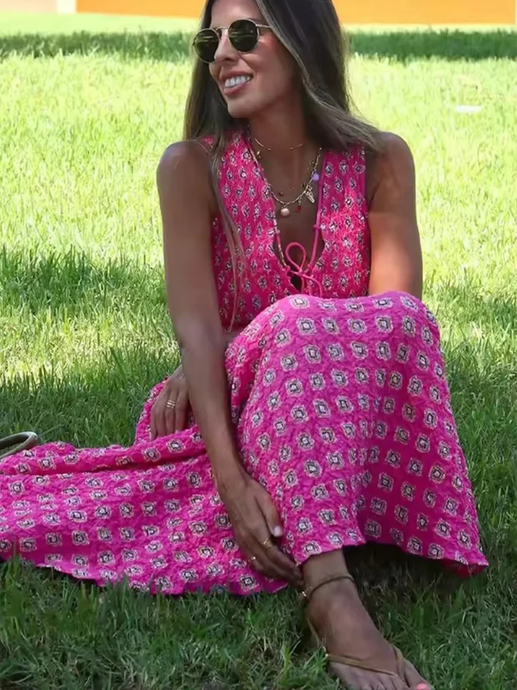 Vintage Printed High Waist Midi Skirts 2 Piece Sets For Women 2025 New V Neck Tied Short Top Holiday Summer Woman Outfits