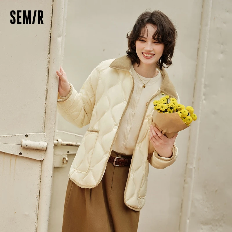 Semir Down Jacket Women Medium Length Light Weight Corduroy Collar 2024 Winter New Vintage Three-Proof Coat 3