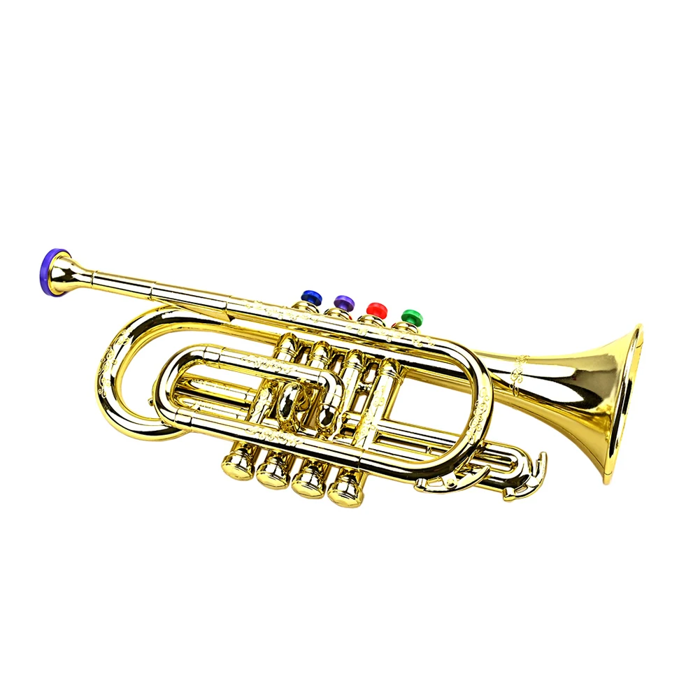 Professional Metallic Gold Trumpet Musical Educational Toy Kids Saxophone Trumpet with 4 Colored Keys Simulation Instrument