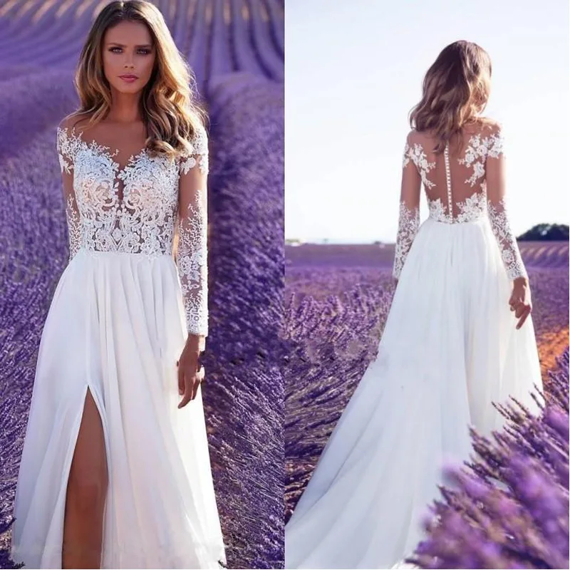 

2023 Spring/Summer Fashion New Long Sleeve White Perspective Lace Women's Elegant Casual Wedding Bridesmaid Dress Split Dress
