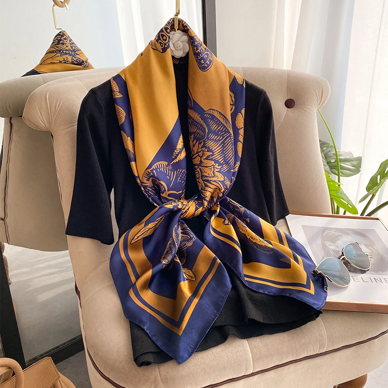 

Fashion Design Big Size 110cm Square Women Elegant Flower Printed Imitated Silk Muslim Hijab Scarf