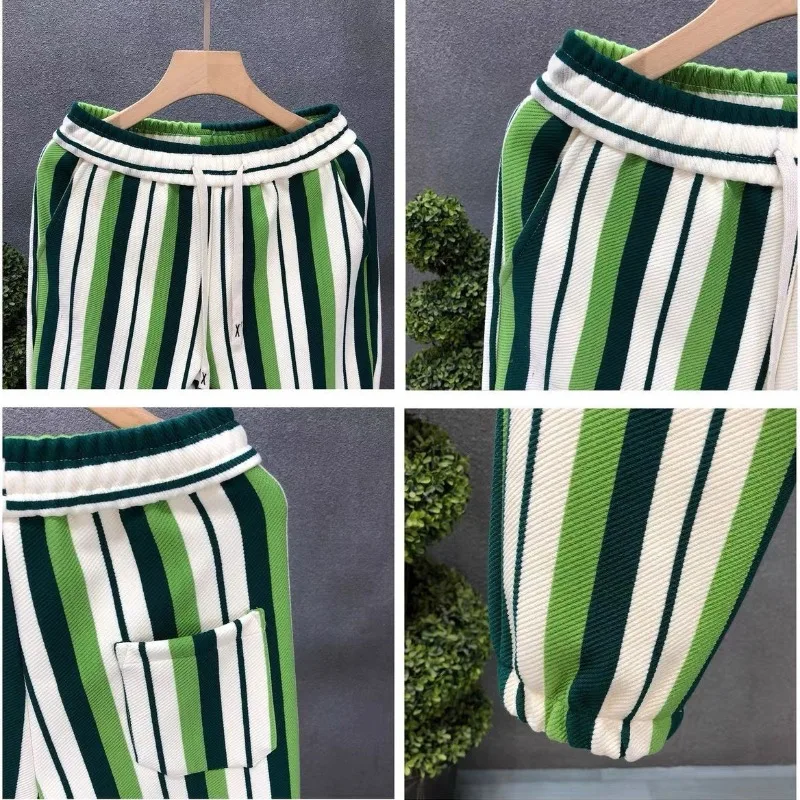2024 Summer Men's New Patchwork Elasticized High-waisted Drawstring Pocket Stripes Fashion Comfortable All-match Casual Pants