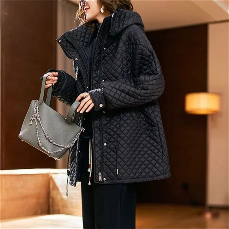 2025 Spring Autumn European Station Mid Length Loose Hooded Padded Coat Women New Korean Rhombic Thin Black Cotton-padded Jacket