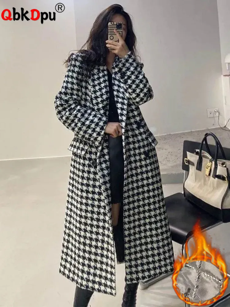 

Korean Mid Length Plaid Woolen Coat Fashion Classic Thick Swallow Gird Jackets Casaco Winter New Warm Loose Parkas Overcoat