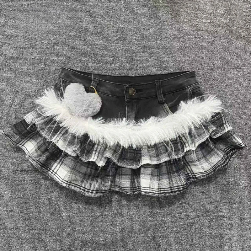 Hot Girl Aesthetic Darkly Short Skirt Gothic Grey Patchwork Plaid Cowboy Skirts Women Design High Street Vintage A-line Outfits - Image 3