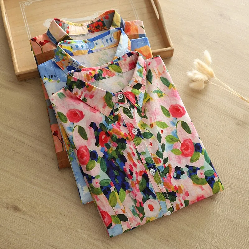 Women Printed Shirts Loose Casual Blouses Long Sleeve Floral Lady Tops Female Clothes