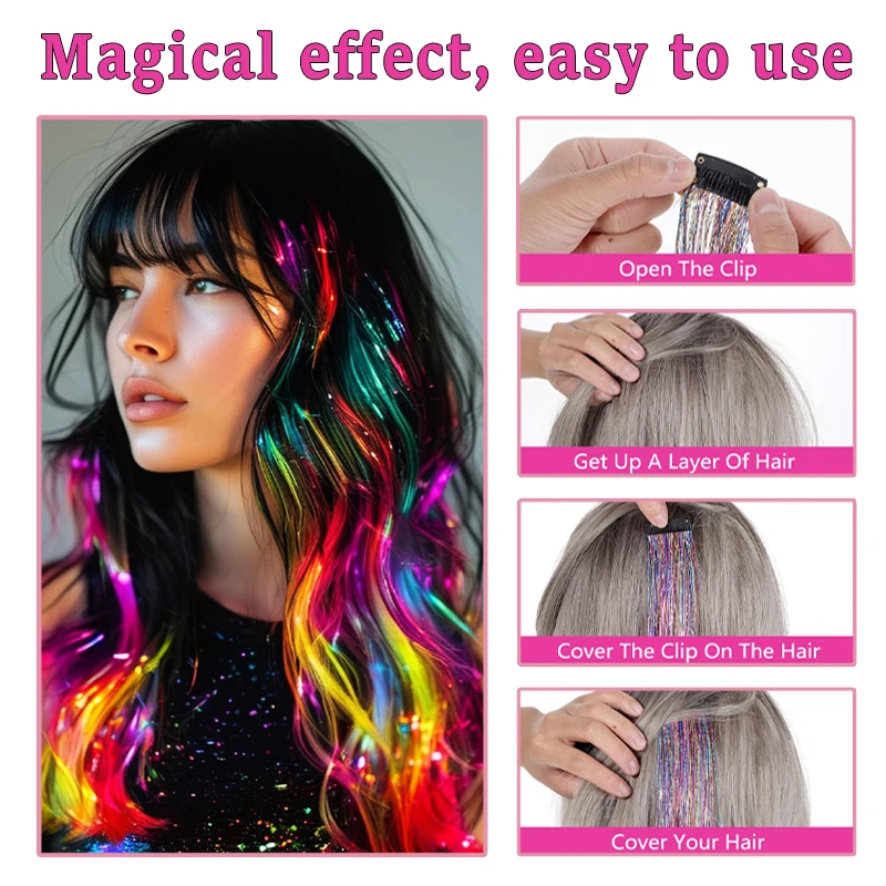 12 pieces of wig extensions, BB clips, laser gold wire, shiny ribbons, straight hair wig extensions