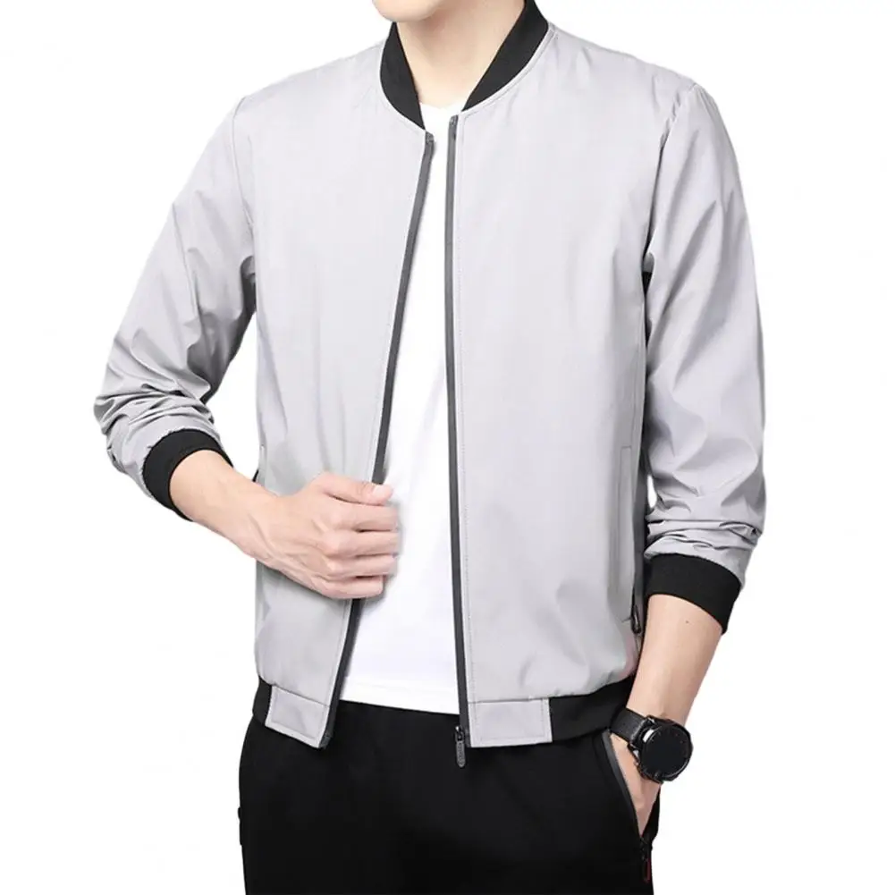 

Мужская однотонная куртка, универсальная Свободная куртка с воротником-стойкой, гладкой застежкой-молнией, карманами средней длины, весна/осень