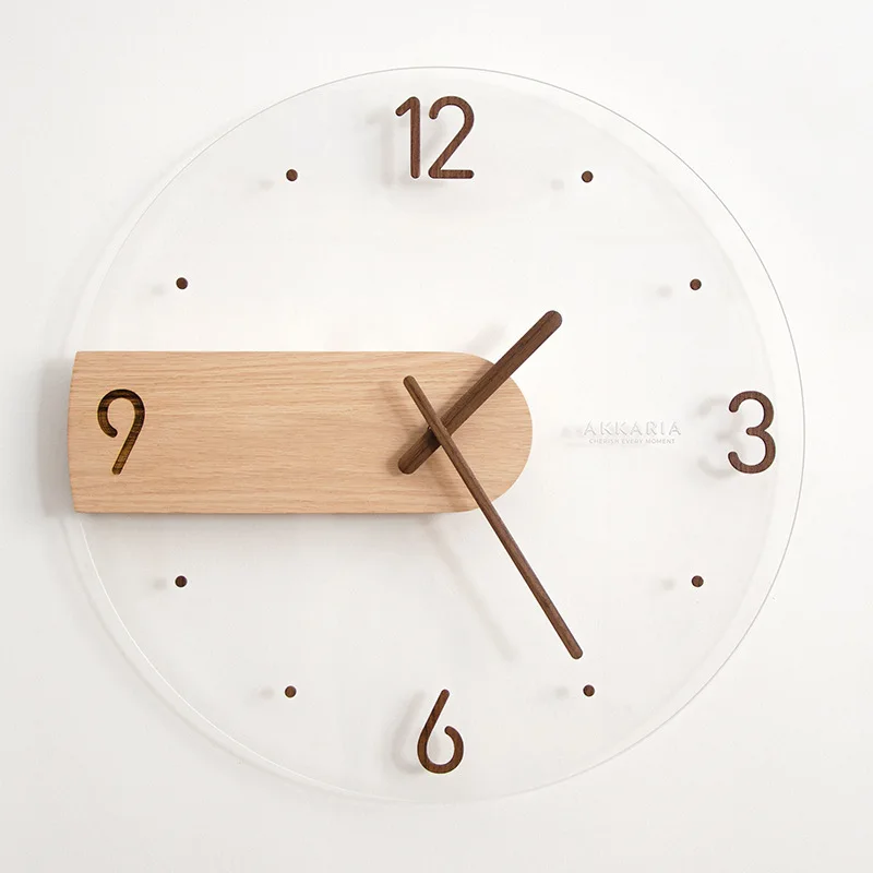 

Simple Wall Clock Creative 40cm Solid Wood Acrylic Glass Transparent Wall Hanging Clock Watch Home Living Room Decorative Clock