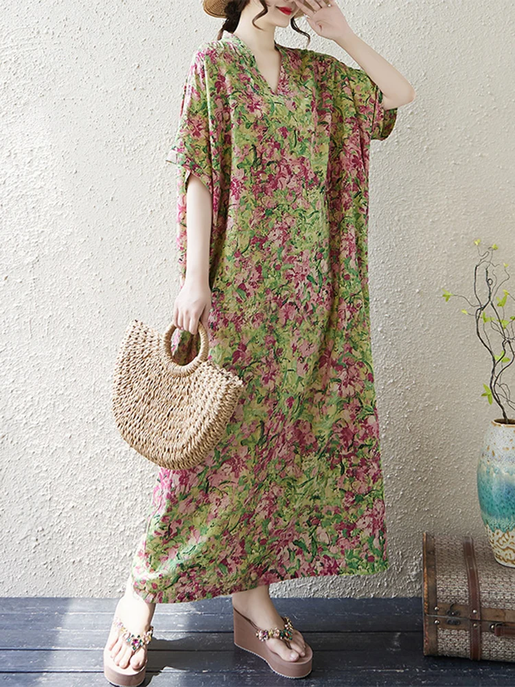Summer Cotton Vintage Casual Loose V-neck Print Dresses For Women Short Sleeve Dress Femme Vestidos Elegant Long Clothing