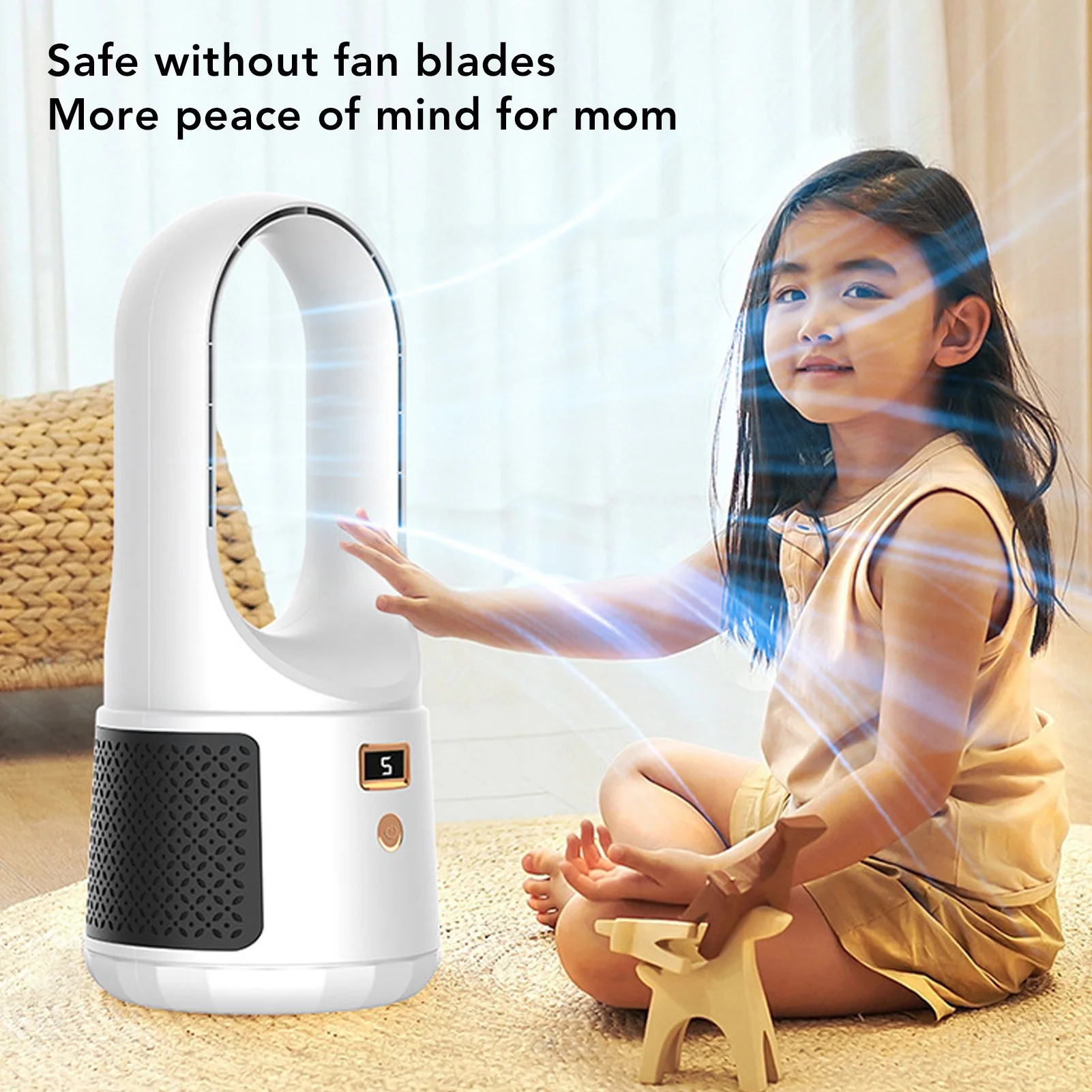 Portable Bladeless Desk Fan with Adjustable Speeds and Power Display