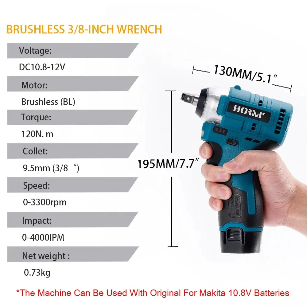 Hormy Brushless 120N.m Electric Impact Wrench 3/8 Inch Mini Matching Magnet Cordless Torque Power Tools For Makita 10.8V Battery 4