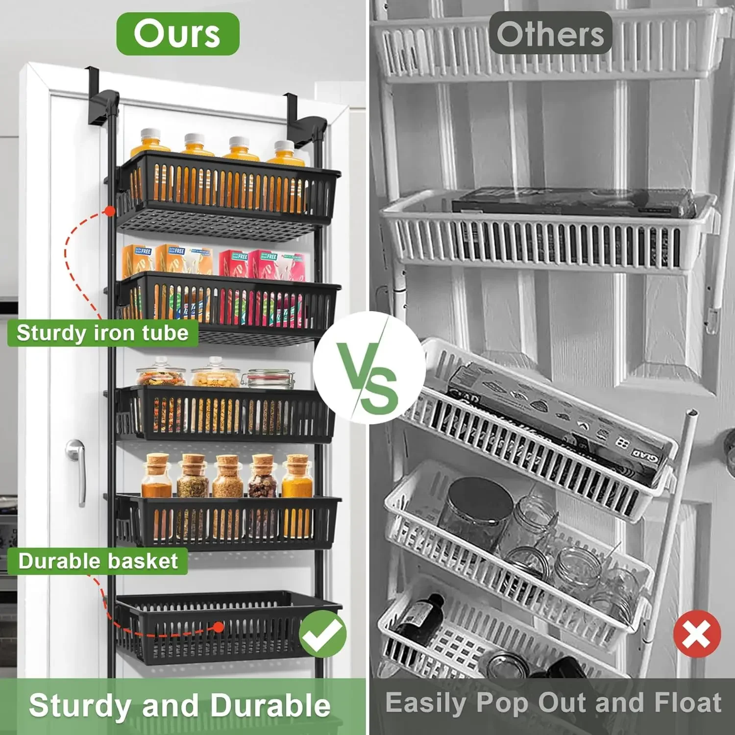 Pantry Door Organizer Over the Door Pantry Organizer with 6-Tier Adjustable Baskets Heavy-Duty Metal Wall Mounted Over 5