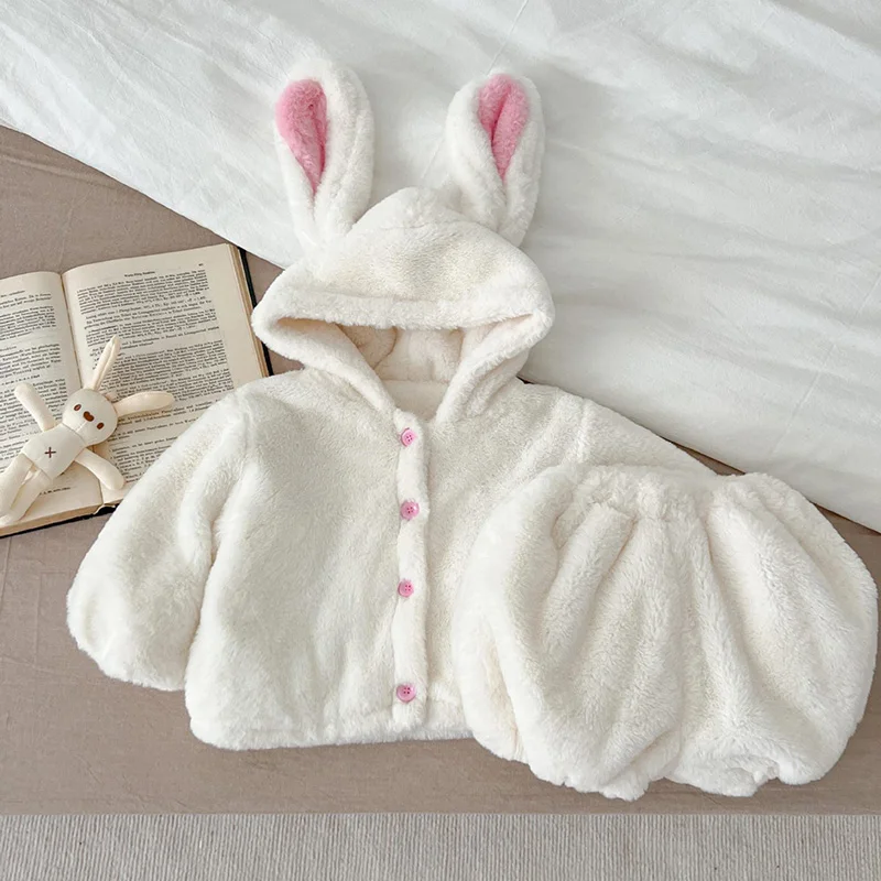 

MILANCEL Winter Baby Clothing Set Infant Girls Bunny Suit Fur Hoodie Coat And Shorts Thicken Outfit