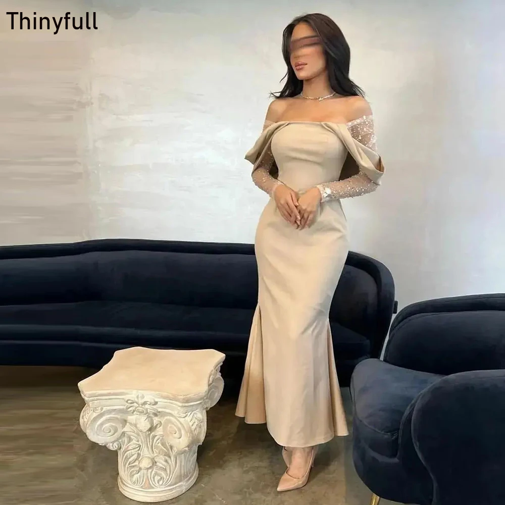 

Thinyfull Saudi Arabic Mermaid Evening Party Dresses Off Shoulder Pleat Ankle-Length Prom Dresses 2023 Formal Event Gowns