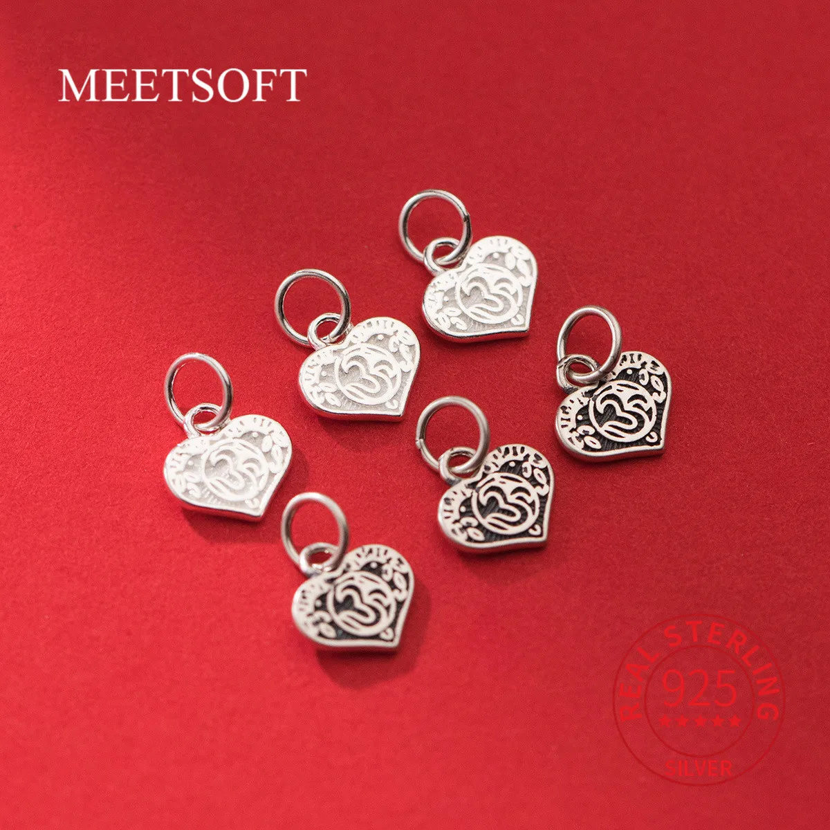 

MEETSOFT S925 Sterling Silver Distressed Printed Heart Pendant Charms Of DIY Handmade Necklace Bracelet Accessory Wholesale