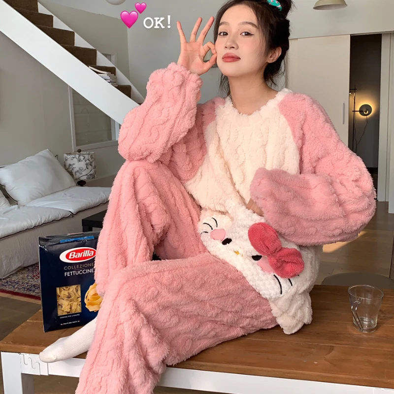 

Sanrio Hello Kitty My Melody Pachacco Winter Coral Fleece Pajamas Kawaii Women's Models Long-sleeved Loose Flannel Homewear Suit