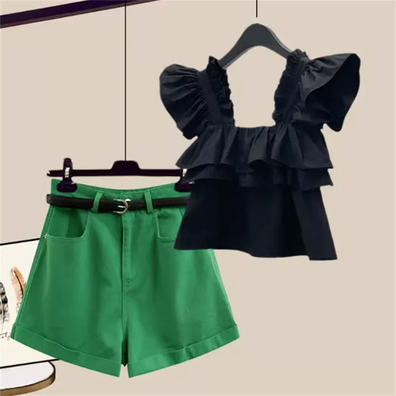 2024 Summer New Lotus Leaf Sleeves Pleated Camisole Vest Casual Denim Shorts Two-piece Elegant Women's Shorts Set
