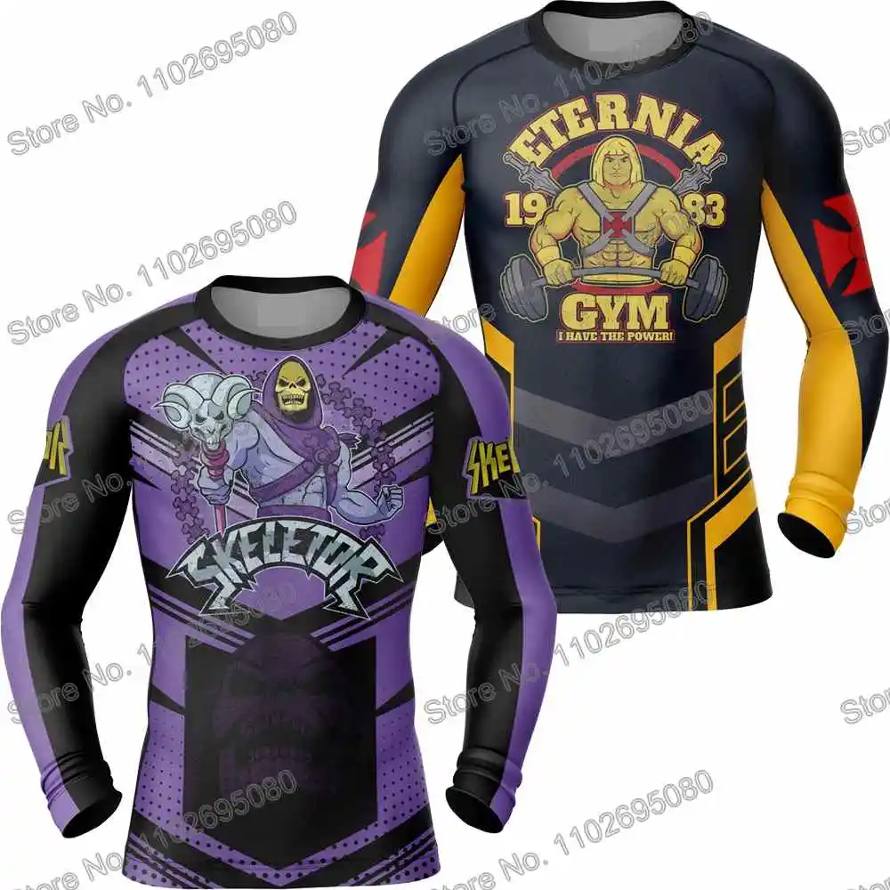 Skeletor He-man Diving T-Shirt Tight Long Sleeve Cartoon Rash Guard BJJ MMA Swimwear Men Surf Clothing Beach Floatsuit Women GYM