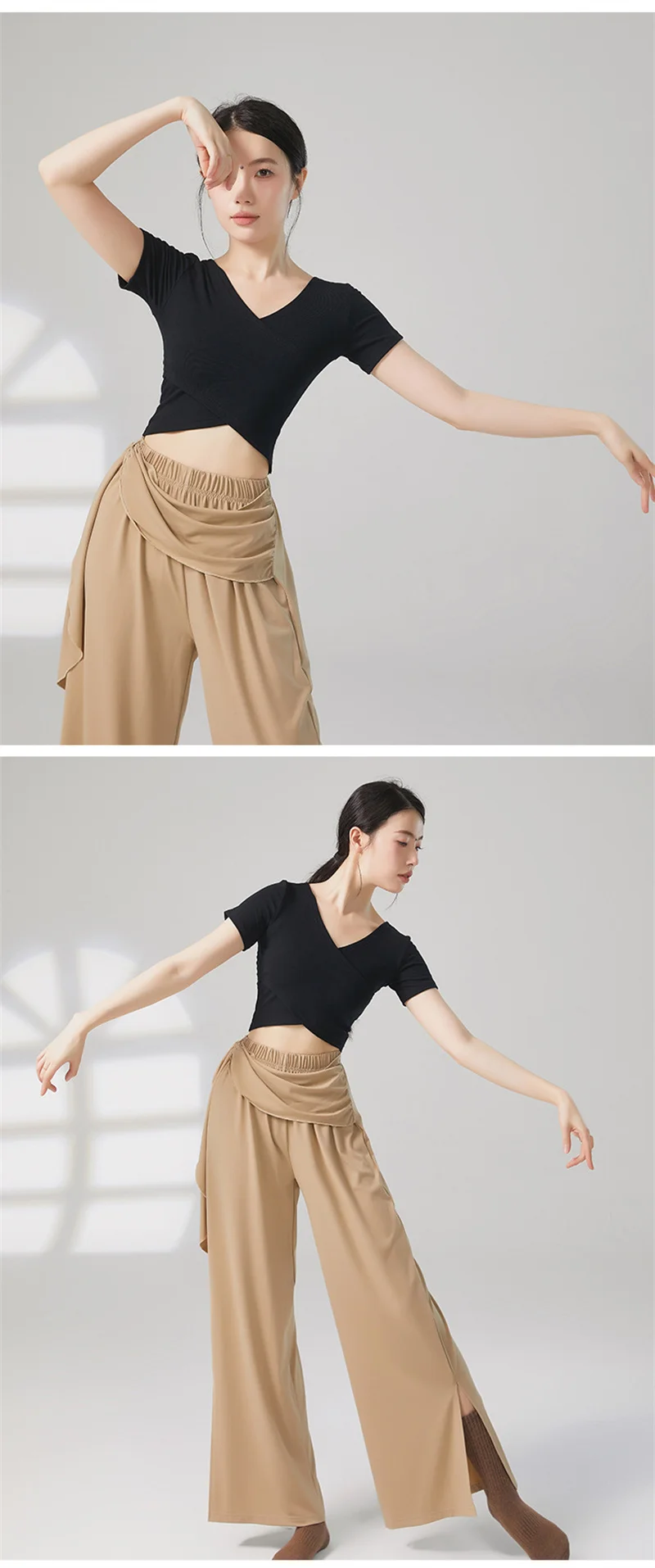 Damen-T-Shirt für klassischen Tanz, wendbar, atmungsaktiv, Yoga-Top, kurzärmelig, moderner Tanz, Ballett, langärmelig, Trainingskostüm – Detail 3