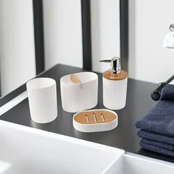 4-Piece Plastic Bathroom Accessories Set with Toothbrush Holder, Mouthwash Cup, Soap Dispenser, and Soap Dish (White oval)