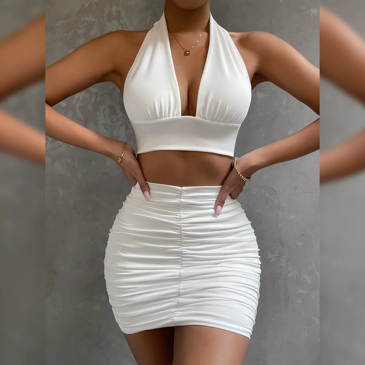 

Womens New Backless Lace Up Package Hip Skirt 2 Piece Sets White Sexy Exposed Navel V Neck Slim Skirt Set