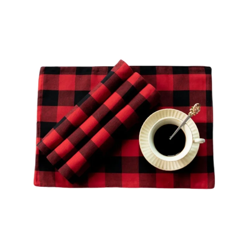 

Inyahome Buffalo Plaid Placemats Place Mats Checkered Double Layer Placemats Decorative Kitchen Cotton Table Mats Black and Red