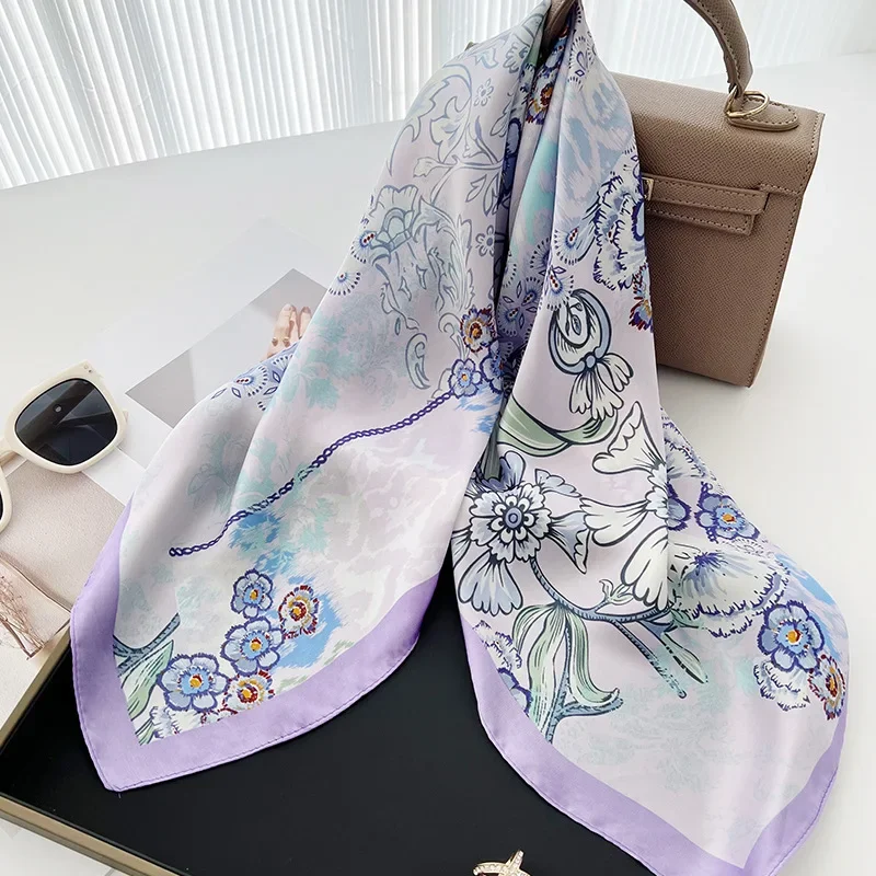 Flower Print 70*70cm Square Scarfs for Women Fashion Hijab Female Headband Soft Satin Neckerchief Foulard Bandana Neck Ties