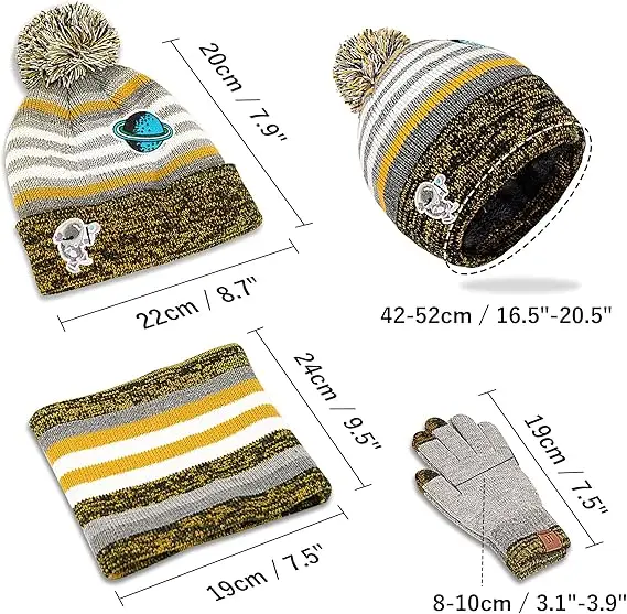 Maylisacc Winter Kids Bobble Hat Scarf Gloves Set with Double Layer Fleece Lining for Boys Girls Aged 3-8, Warm Knitted Pom Pom